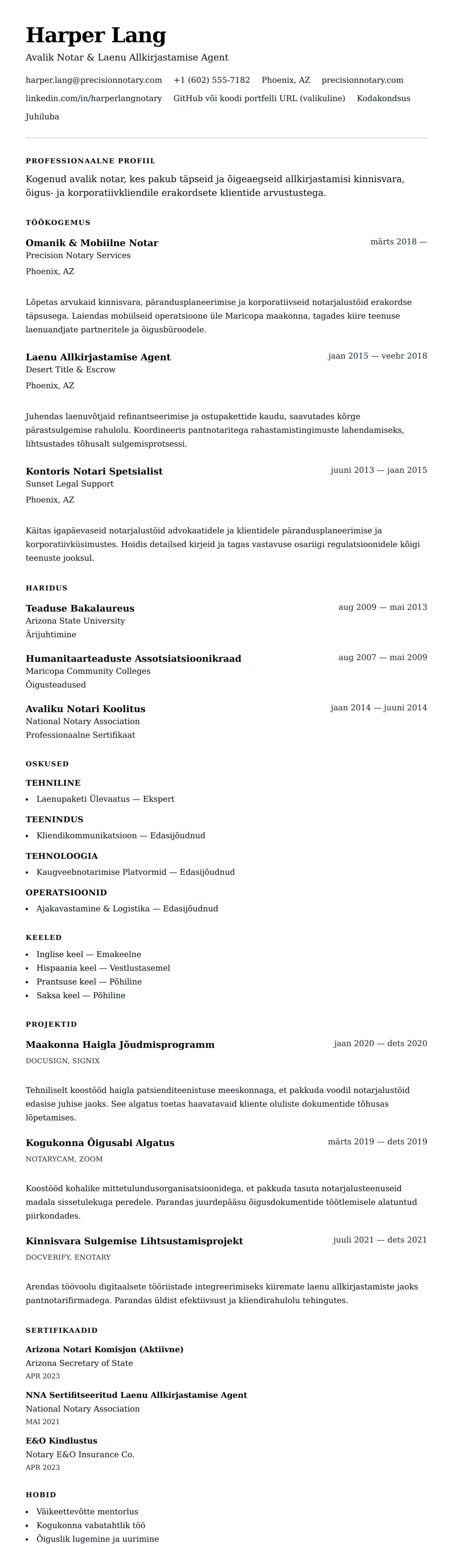 CV eelvaade Notari CV näide jaoks