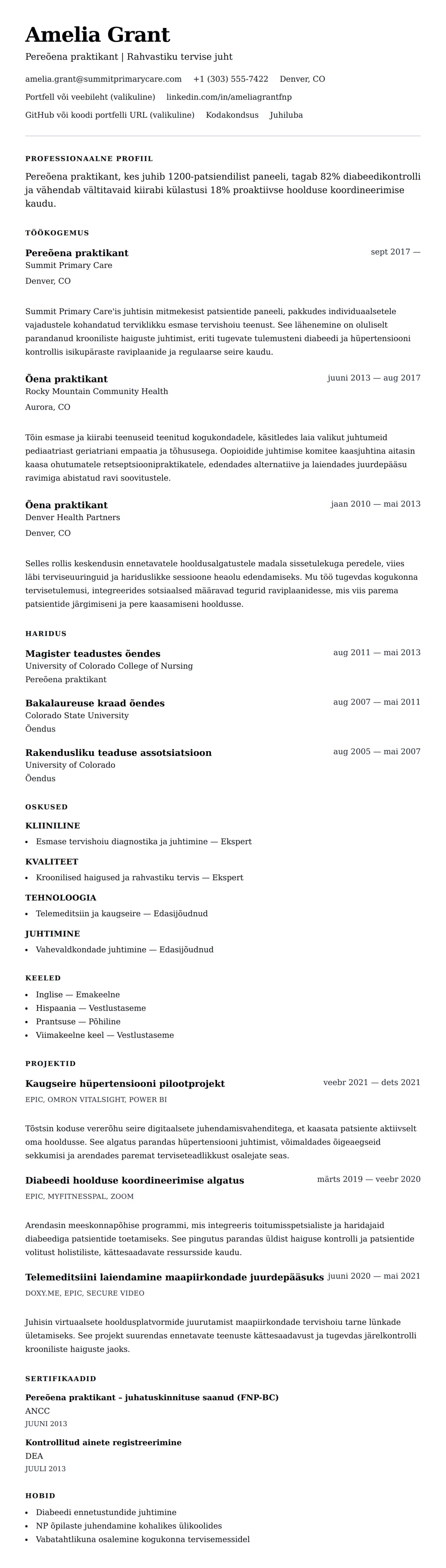 CV eelvaade Õena praktikandi CV näidis jaoks