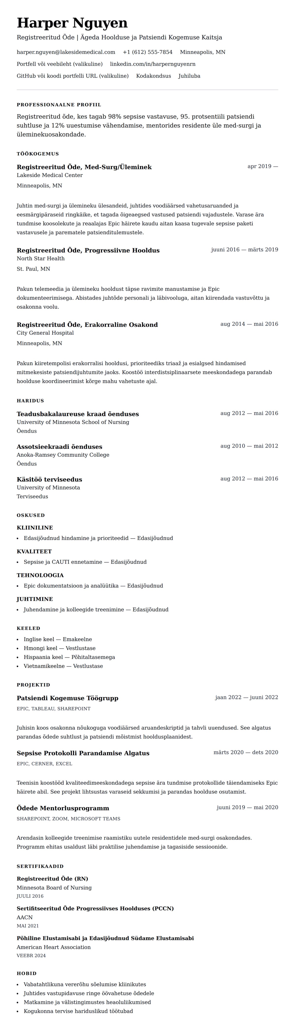 CV eelvaade Õe CV näide jaoks