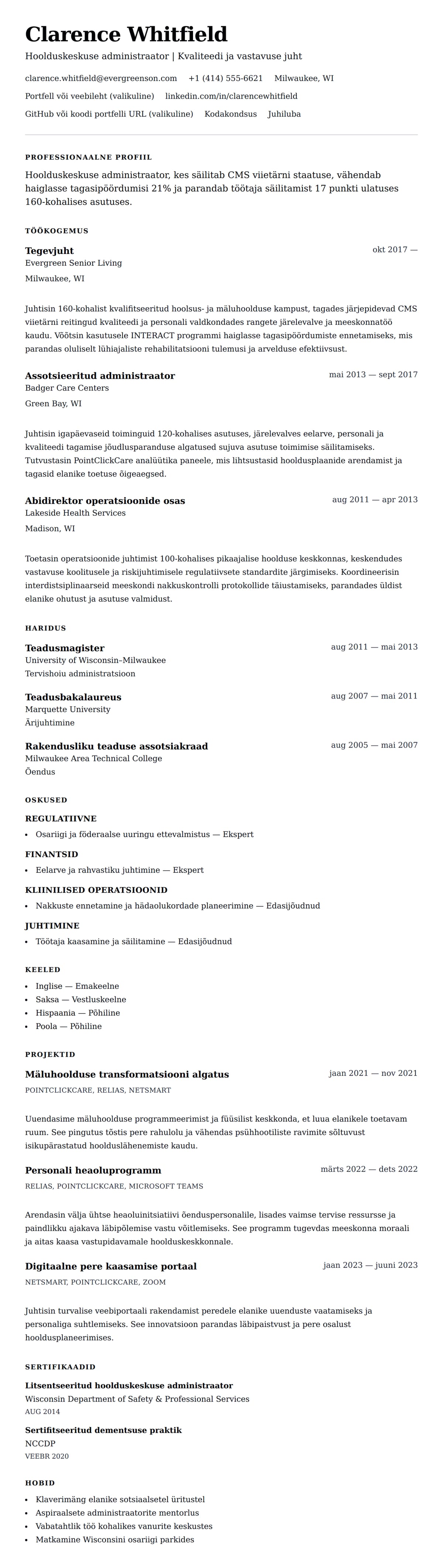 CV eelvaade Hoolduskeskuse administraatori CV näidis jaoks