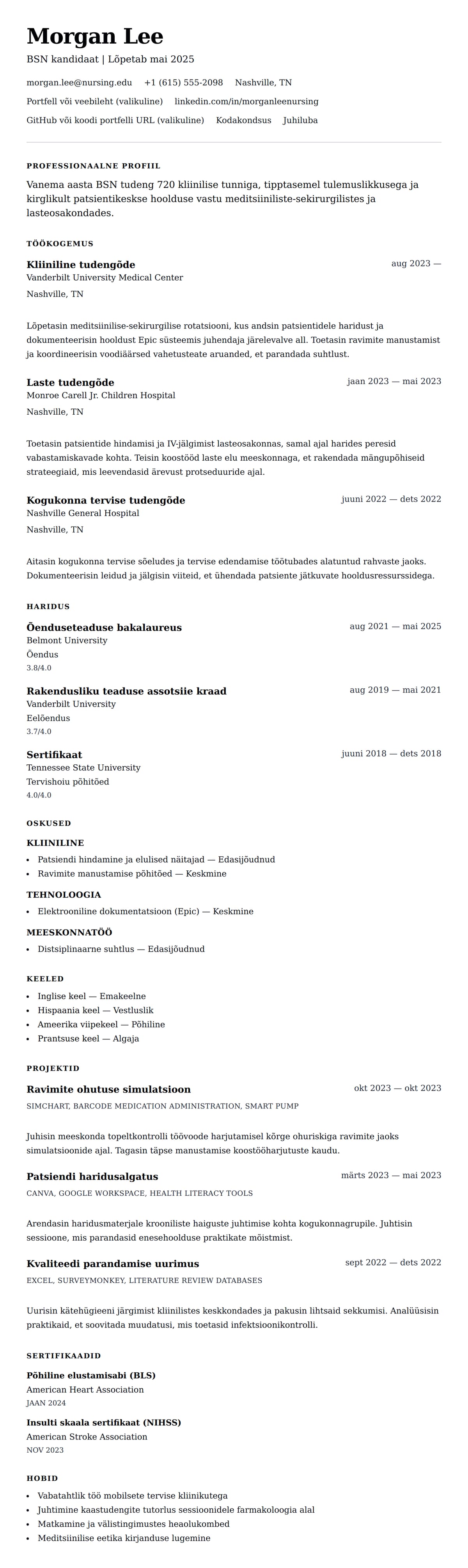 CV eelvaade Õenduse tudengi CV näide jaoks