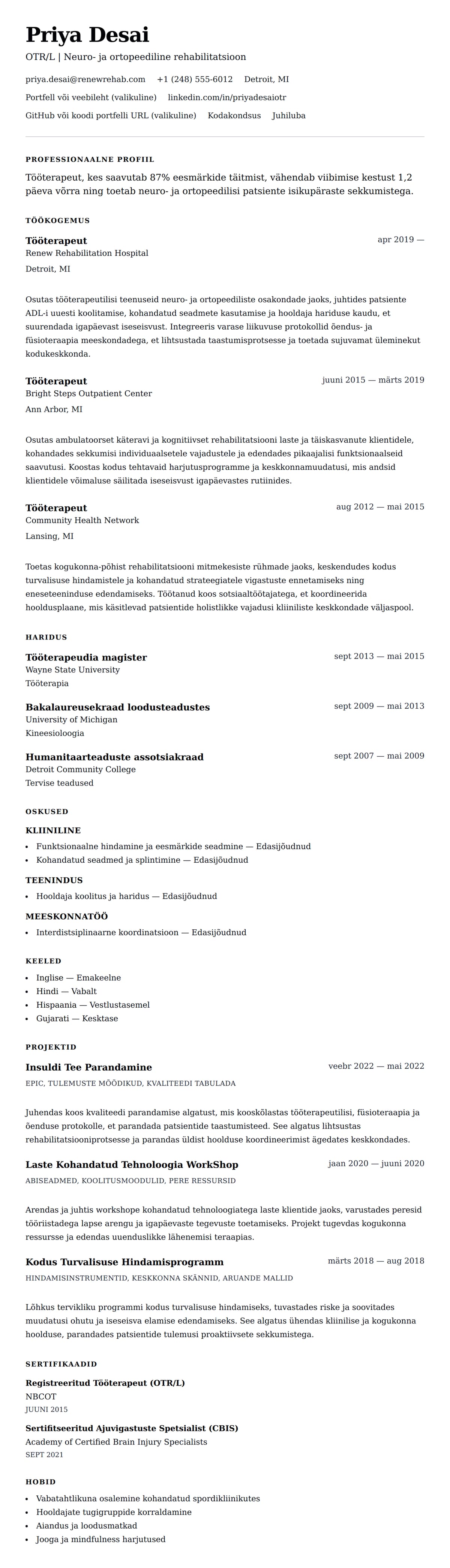CV eelvaade Tööterapeudi CV näide jaoks