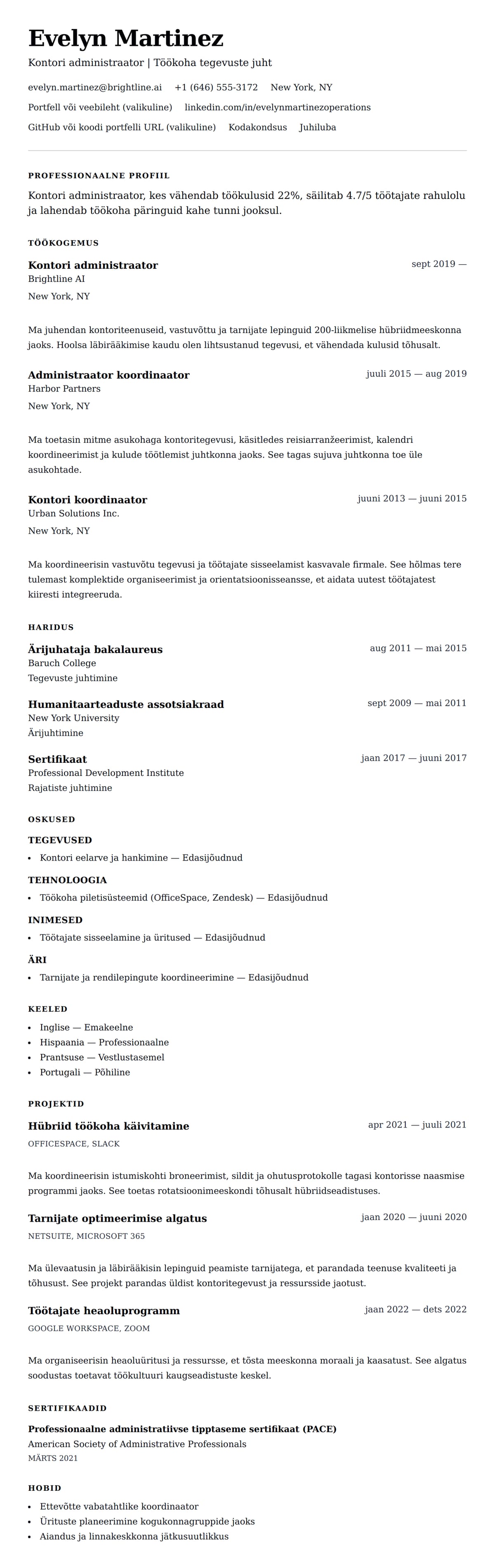 CV eelvaade Kontori administraatori CV näide jaoks