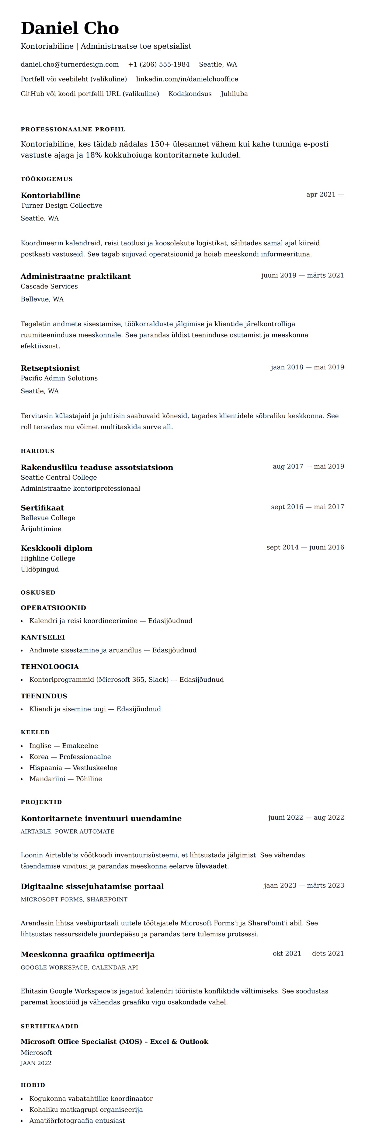 CV eelvaade Kontoriabilise CV näide jaoks
