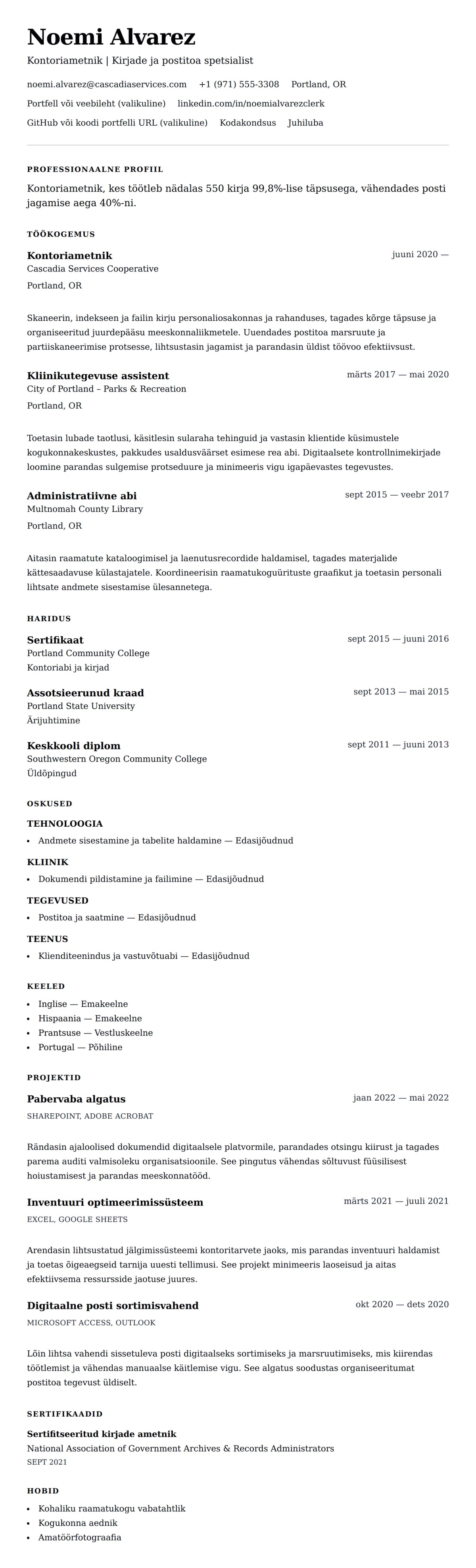 CV eelvaade Kontoriametniku CV näide jaoks