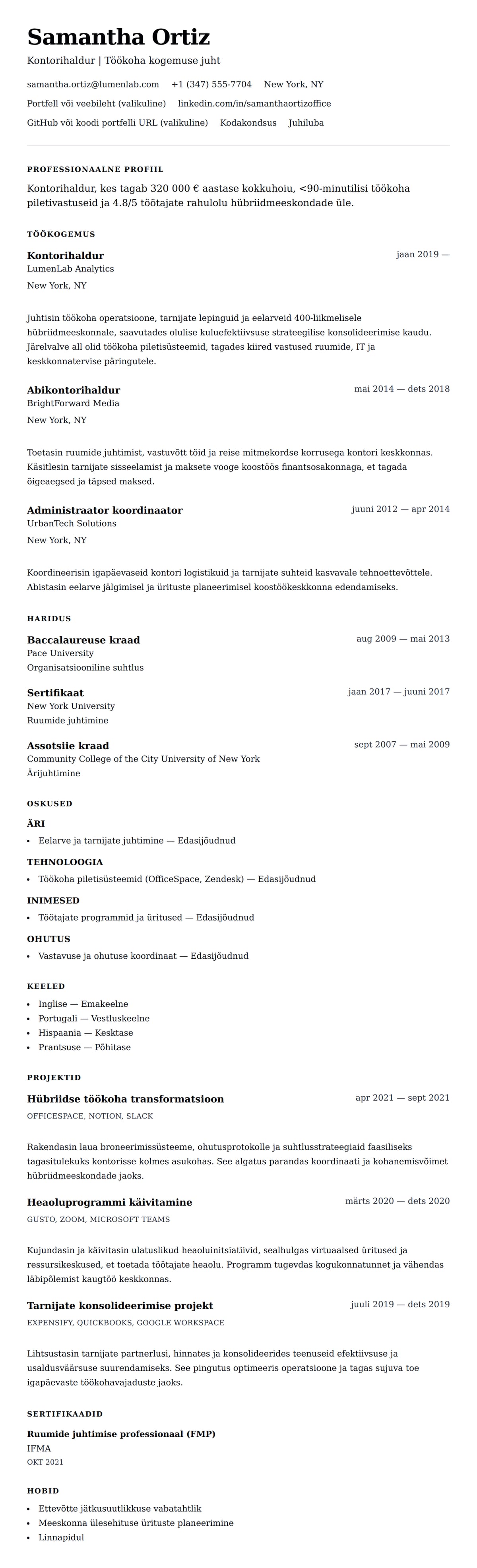 CV eelvaade Kontorihalduri CV näide jaoks