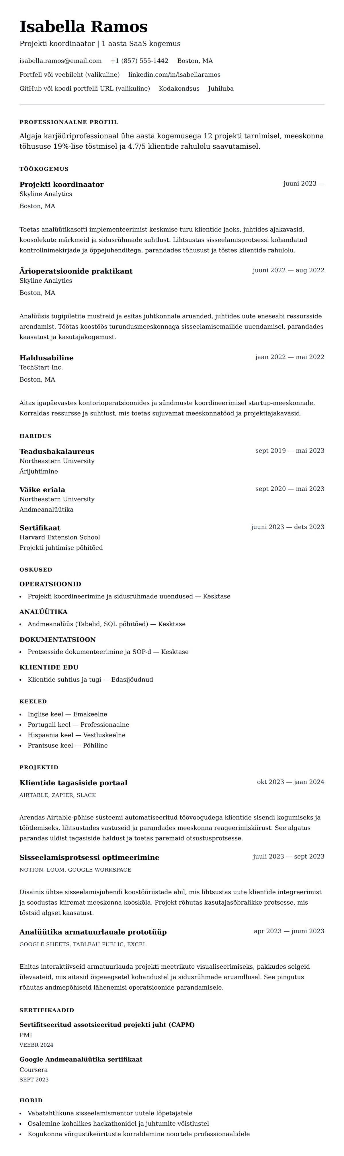 CV eelvaade Ühe aasta kogemuse CV näide jaoks