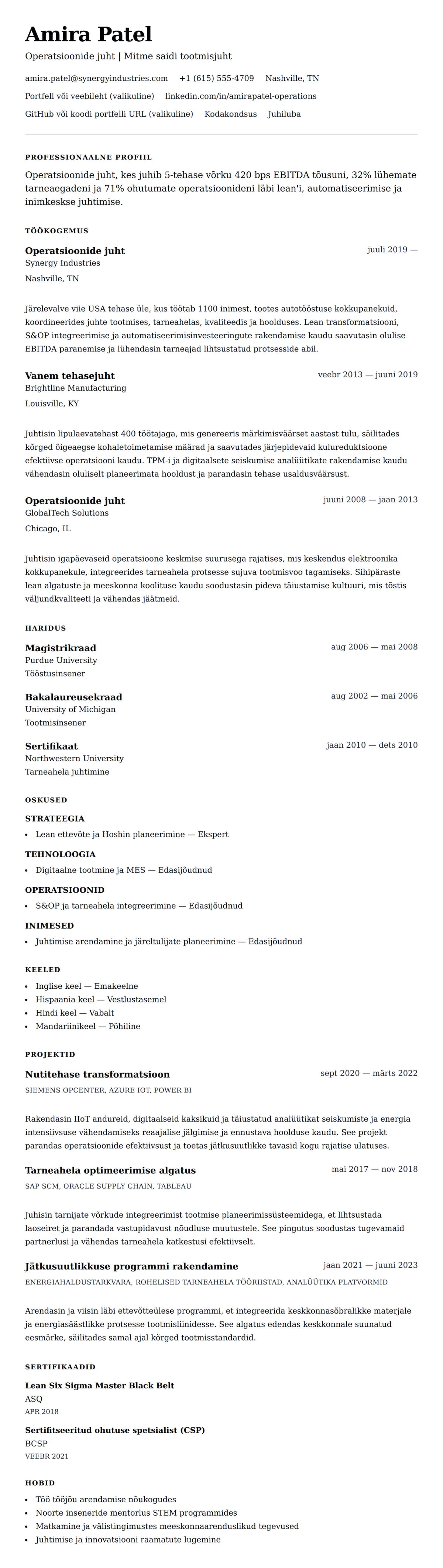 CV eelvaade Operatsioonide juhi CV näide jaoks