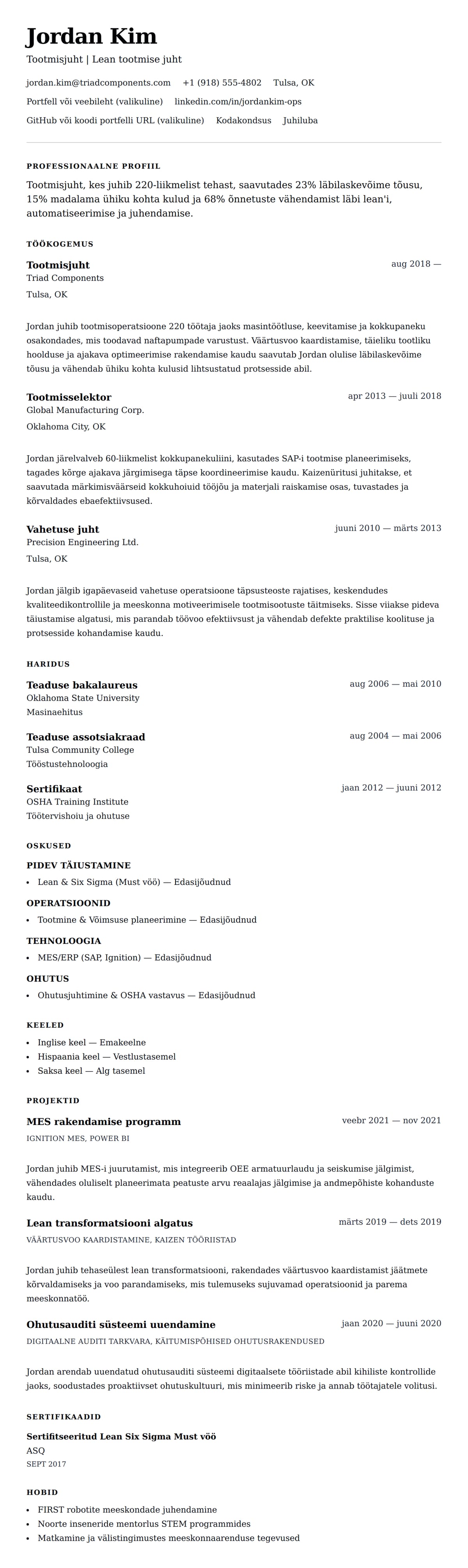 CV eelvaade Tootmisjuhti CV näide jaoks