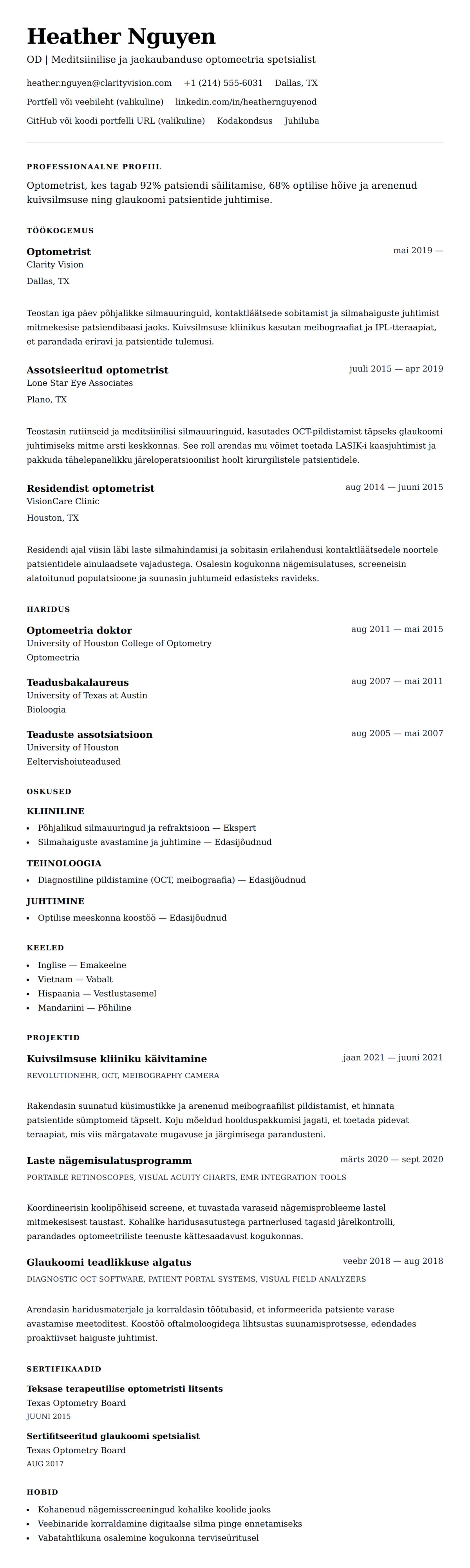 CV eelvaade Optometristi CV näide jaoks
