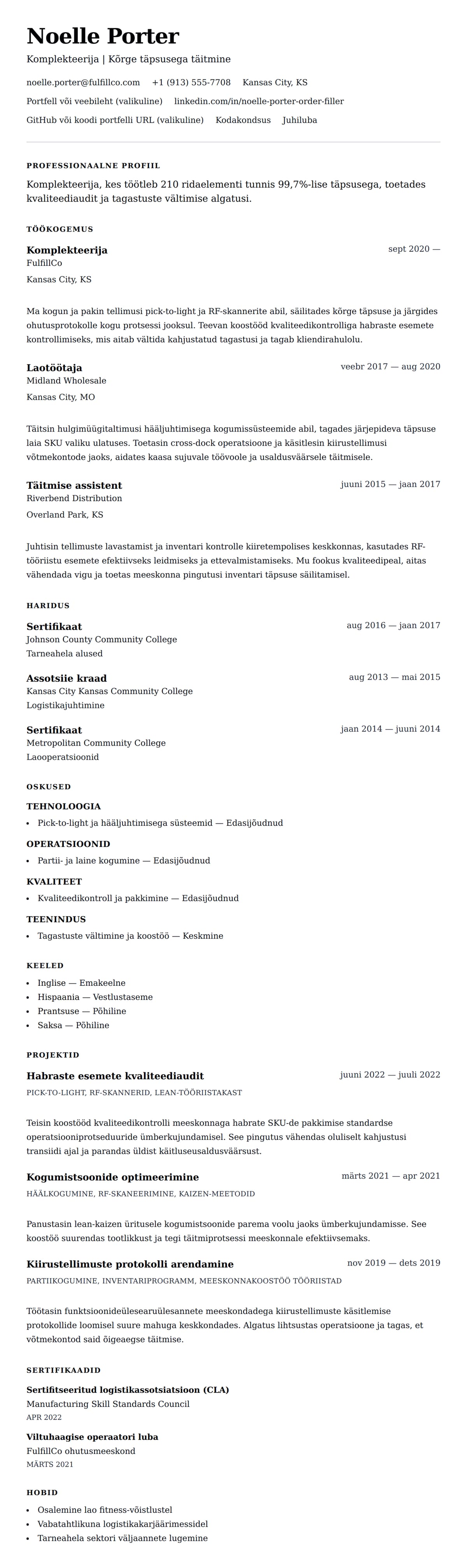 CV eelvaade Komplekteerija CV näidis jaoks