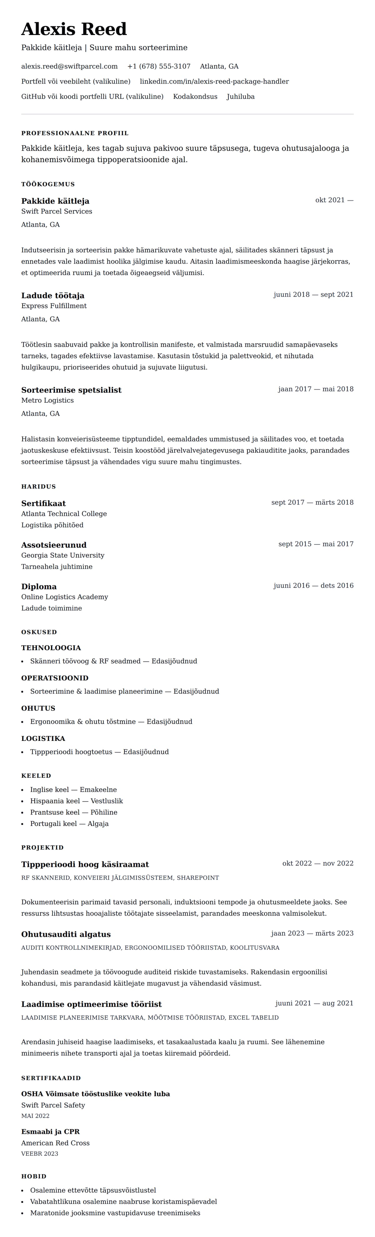 CV eelvaade Pakkide käitleja CV näidis jaoks