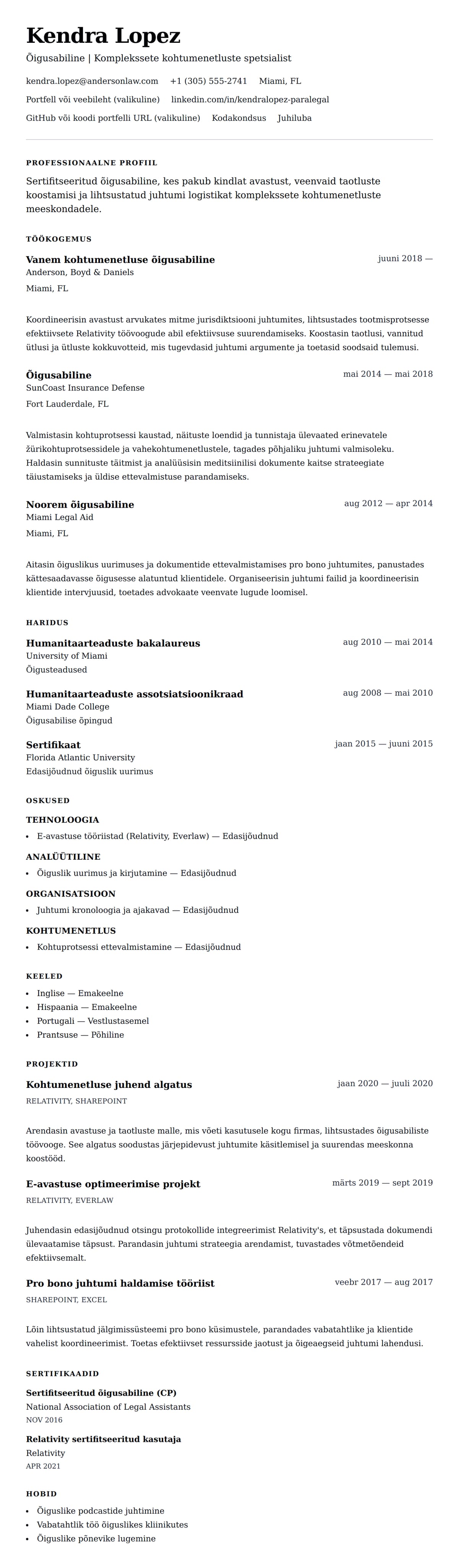 CV eelvaade Õigusabilise CV näide jaoks