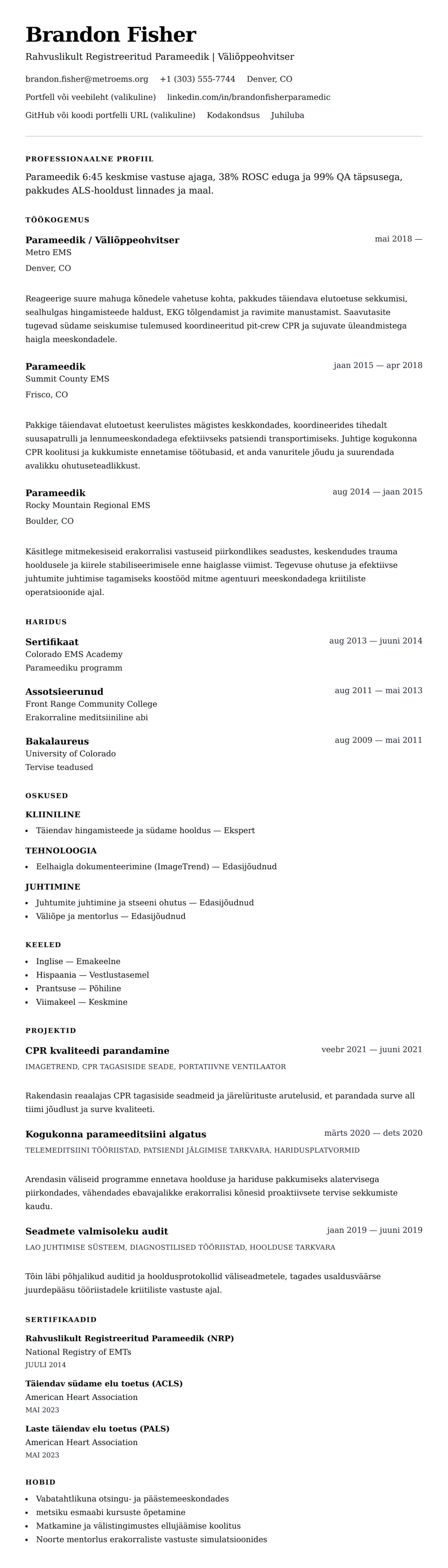 CV eelvaade Parameediku CV näide jaoks