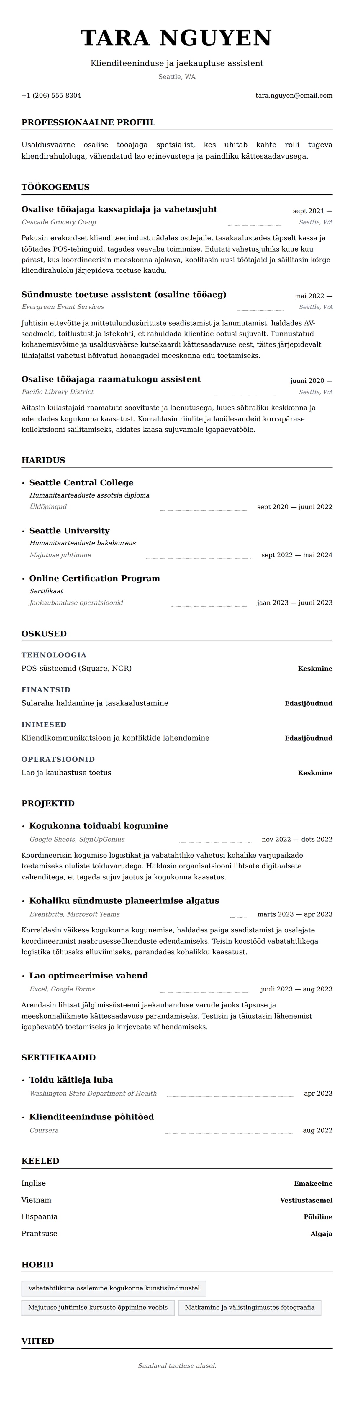 CV eelvaade Osalise tööajaga töö eluloo näide jaoks