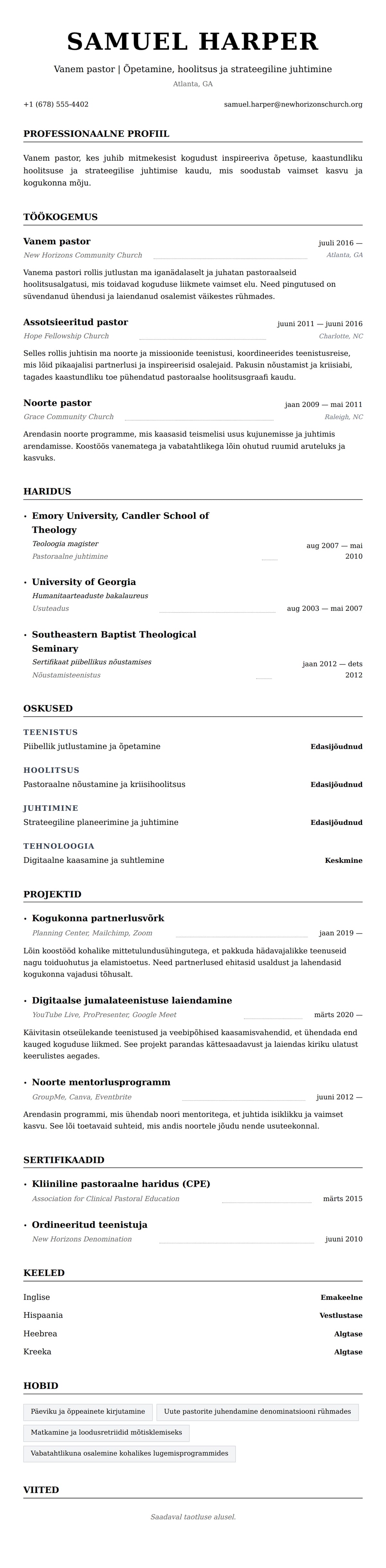CV eelvaade Pastori CV näide jaoks