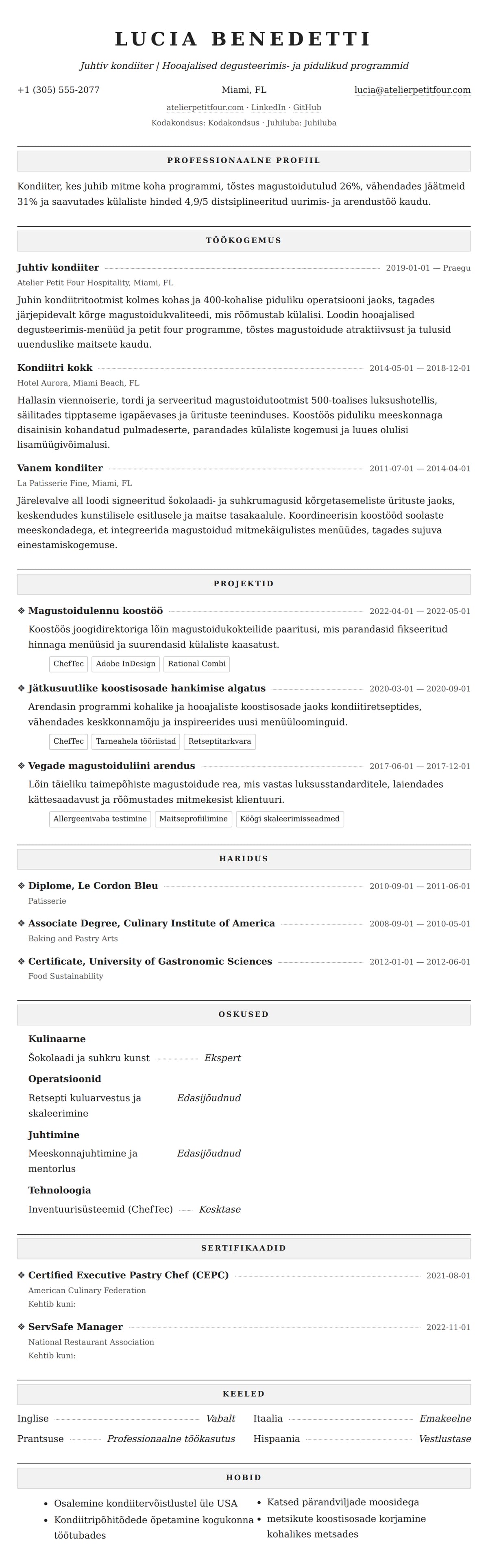 CV eelvaade Kondiiteri CV näide jaoks
