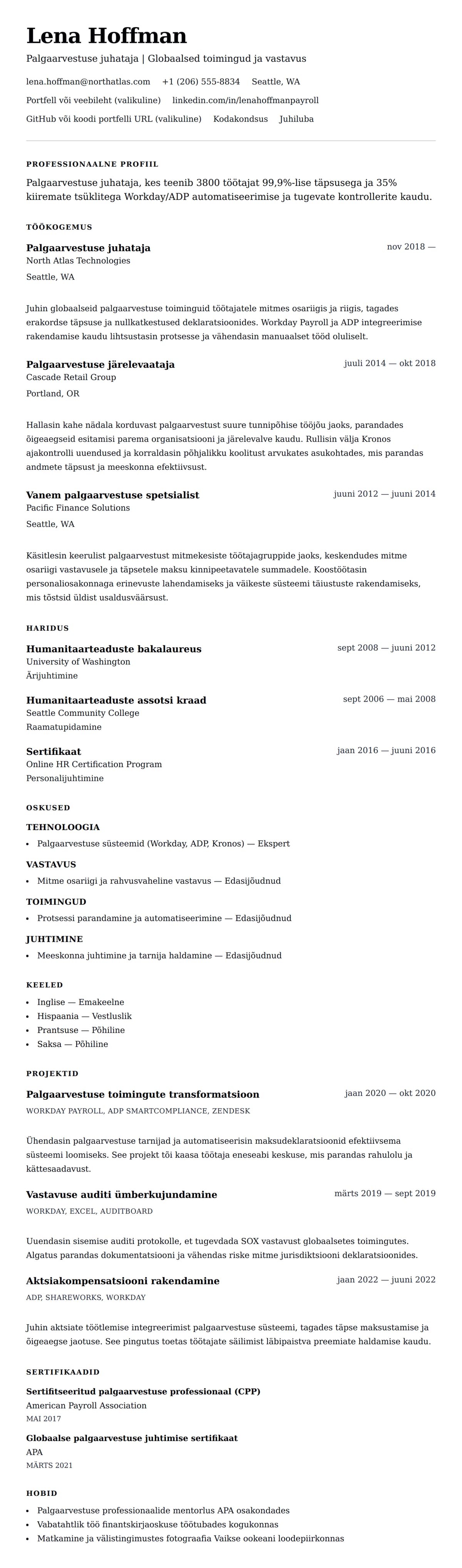 CV eelvaade Palgaarvestuse juhataja CV näidis jaoks