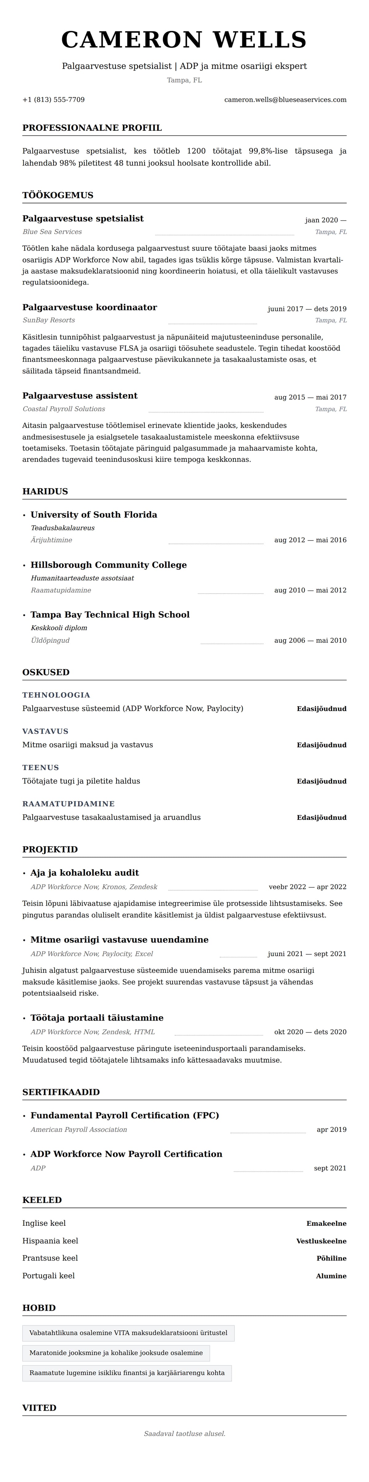 CV eelvaade Palgaarvestuse spetsialisti CV näide jaoks
