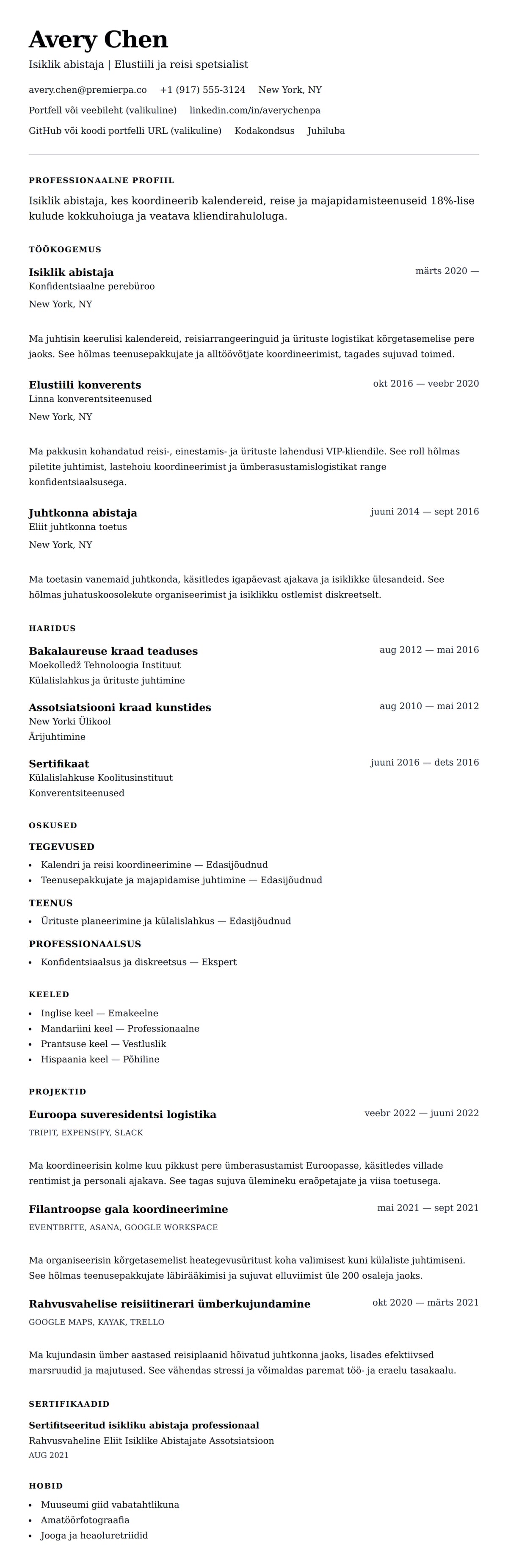 CV eelvaade Isikliku abistaja CV näide jaoks