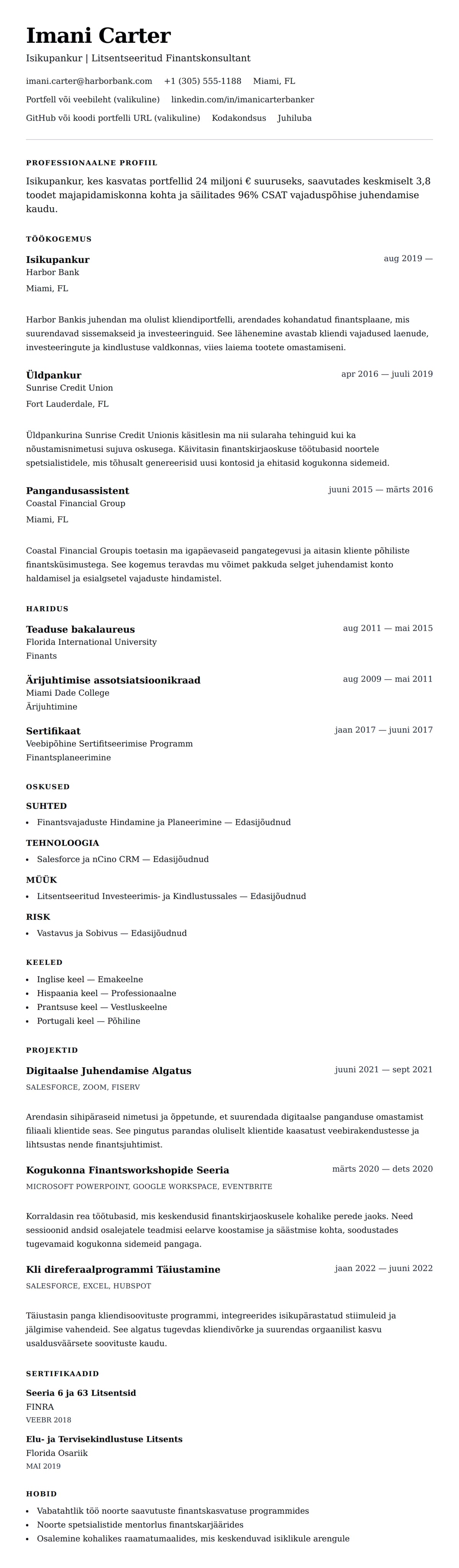 CV eelvaade Isikupanguri CV Näide jaoks