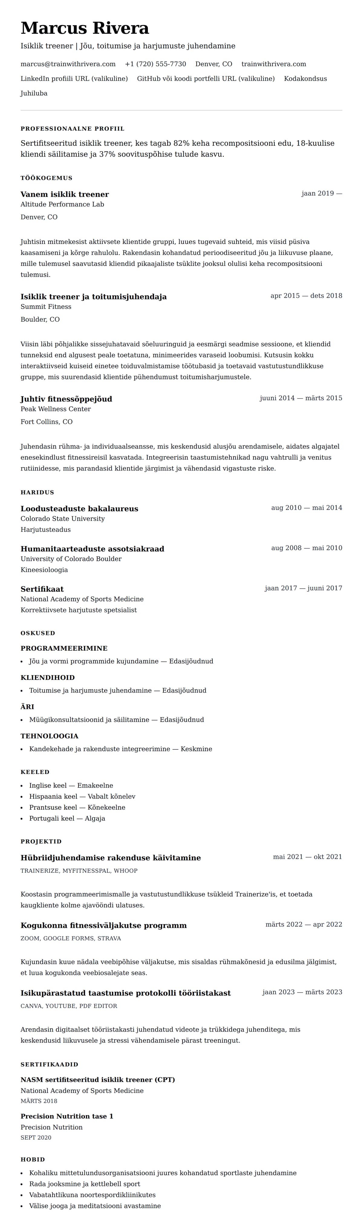 CV eelvaade Isikliku treeneri CV näide jaoks