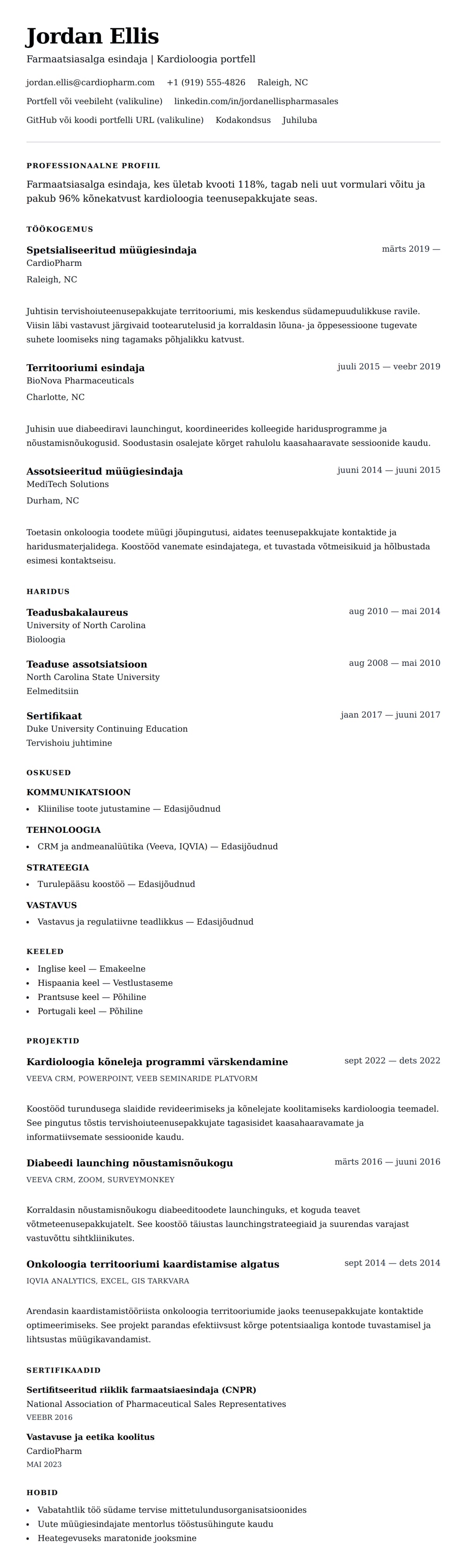 CV eelvaade Farmaatsiasalga esindaja CV näidis jaoks