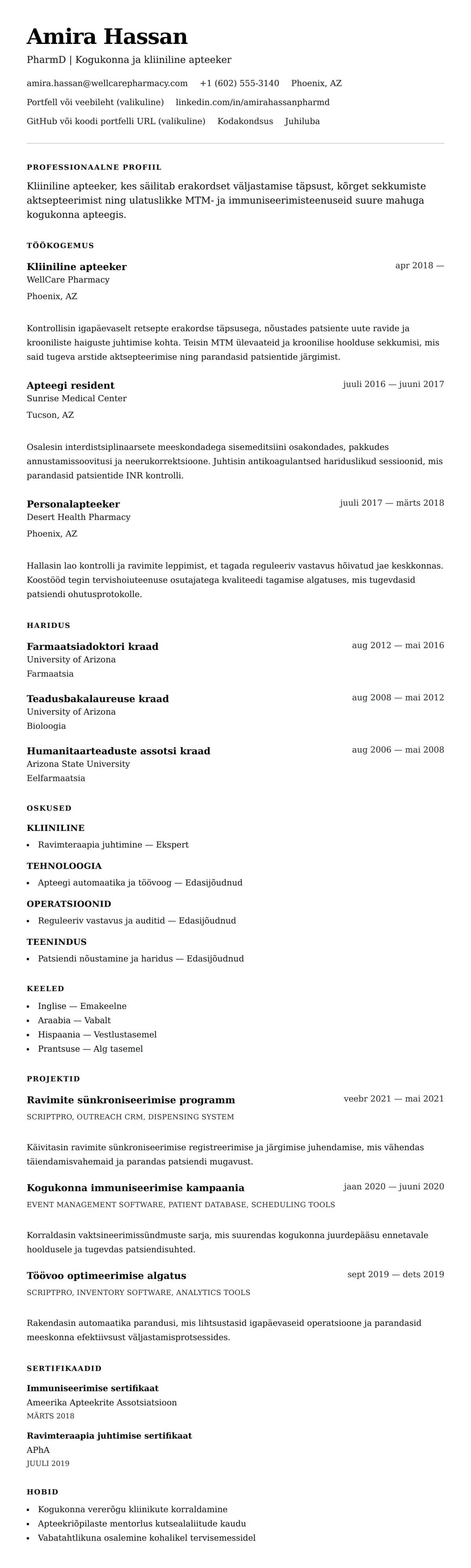 CV eelvaade Apteekri CV näide jaoks