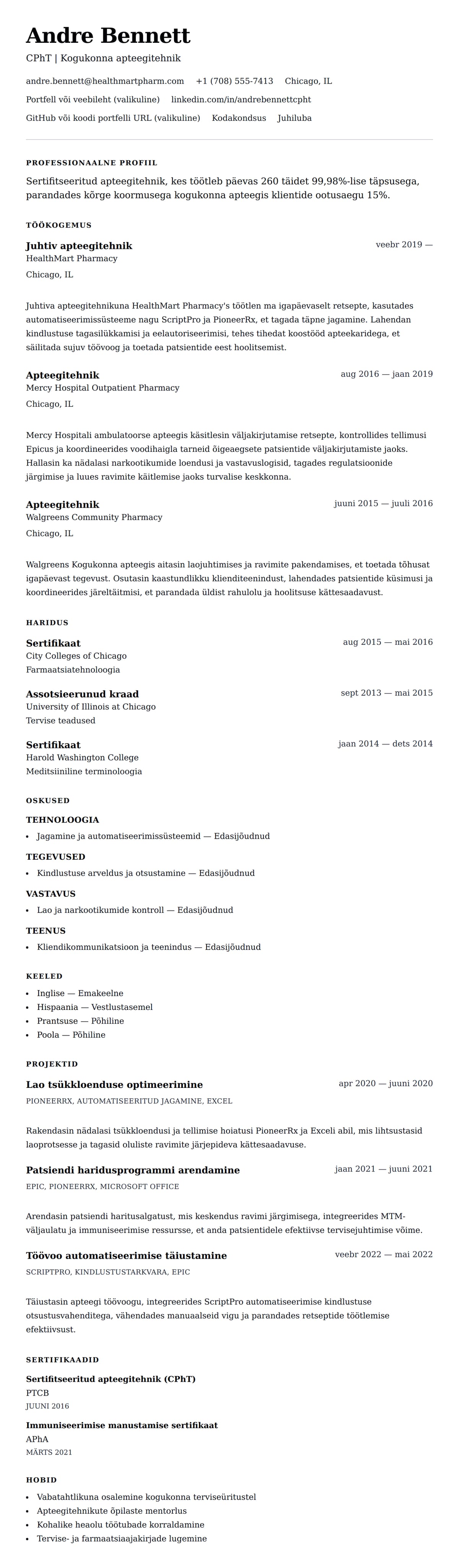 CV eelvaade Apteegitehniku CV näide jaoks