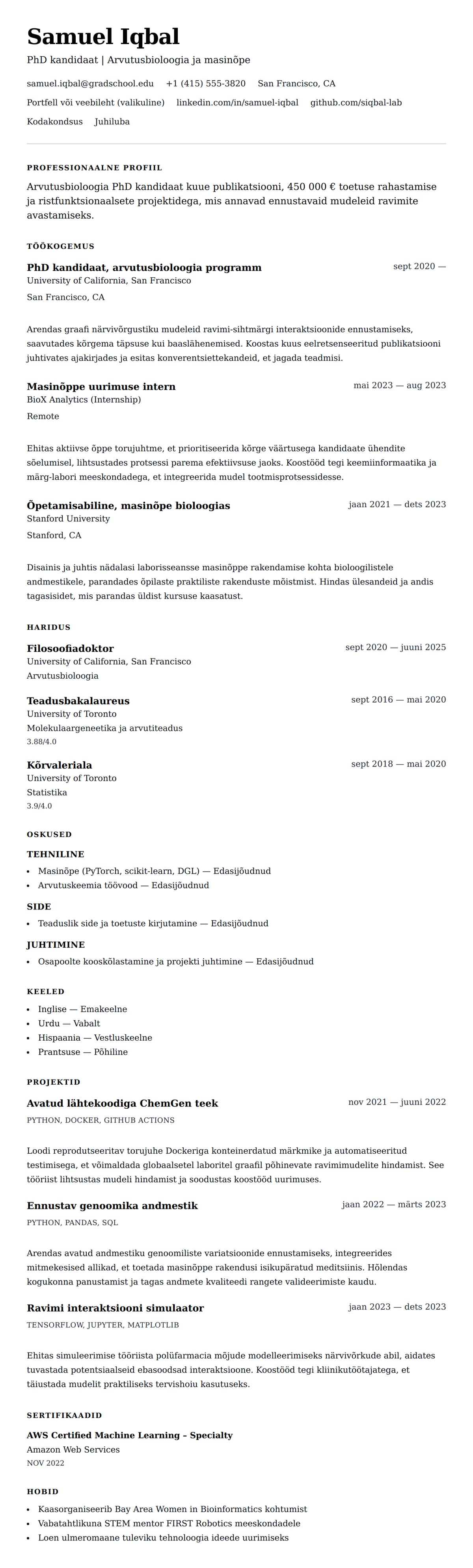 CV eelvaade PhD CV näide jaoks
