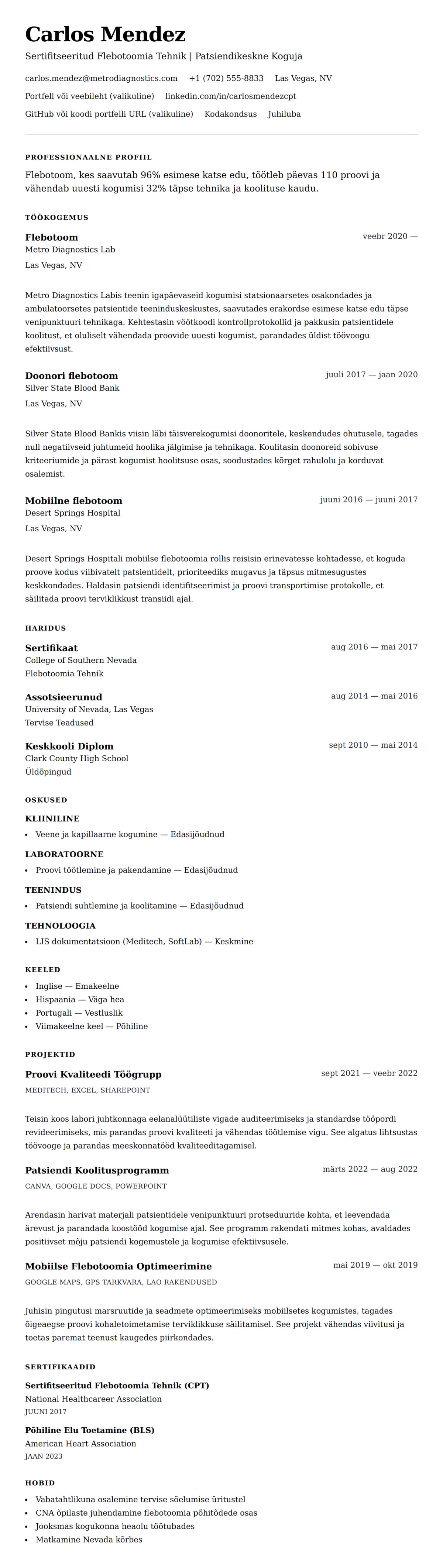 CV eelvaade Flebotoomi CV Näide jaoks