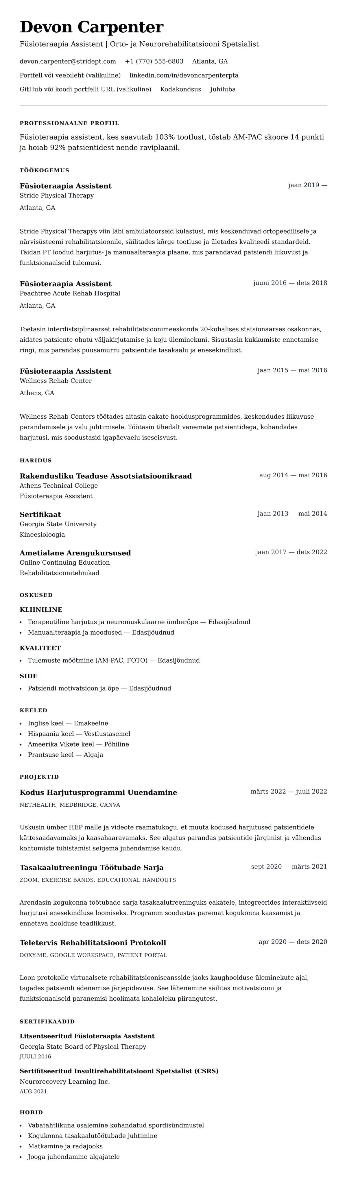 CV eelvaade Füsioteraapia Assistendi (PTA) CV Näidis jaoks