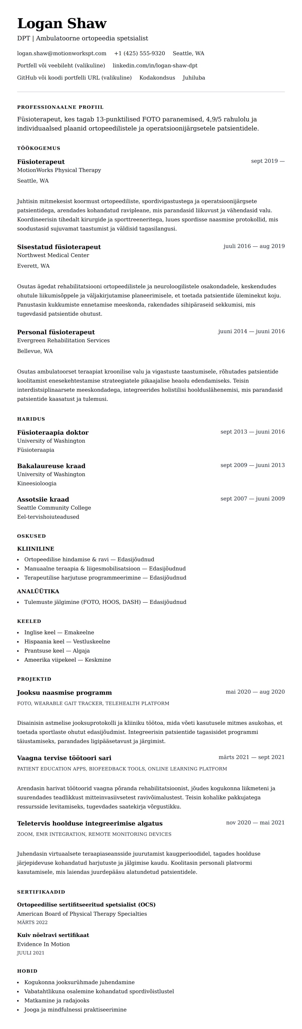 CV eelvaade Füsioterapeudi CV näide jaoks