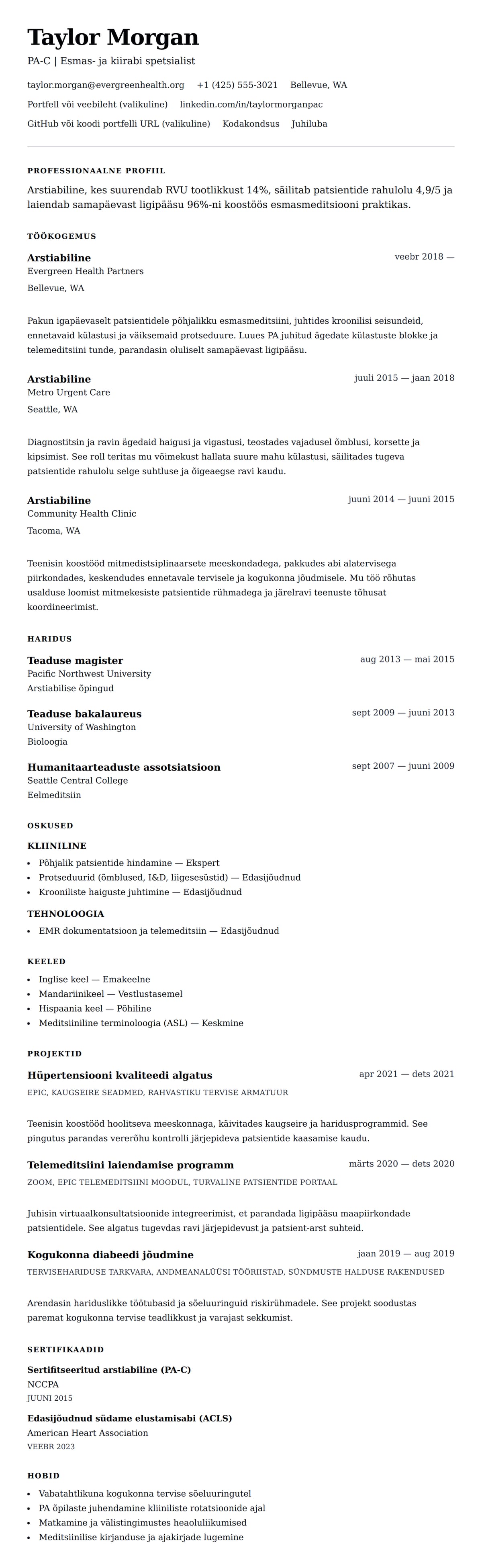 CV eelvaade Arstiabilise CV näide jaoks