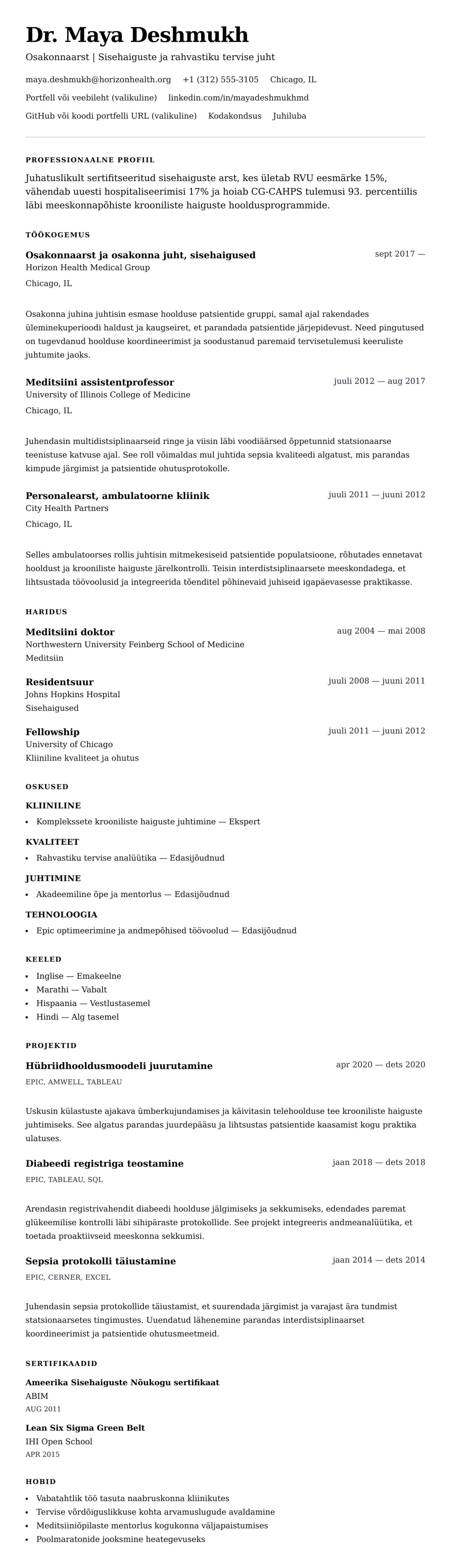 CV eelvaade Arsti CV näide jaoks