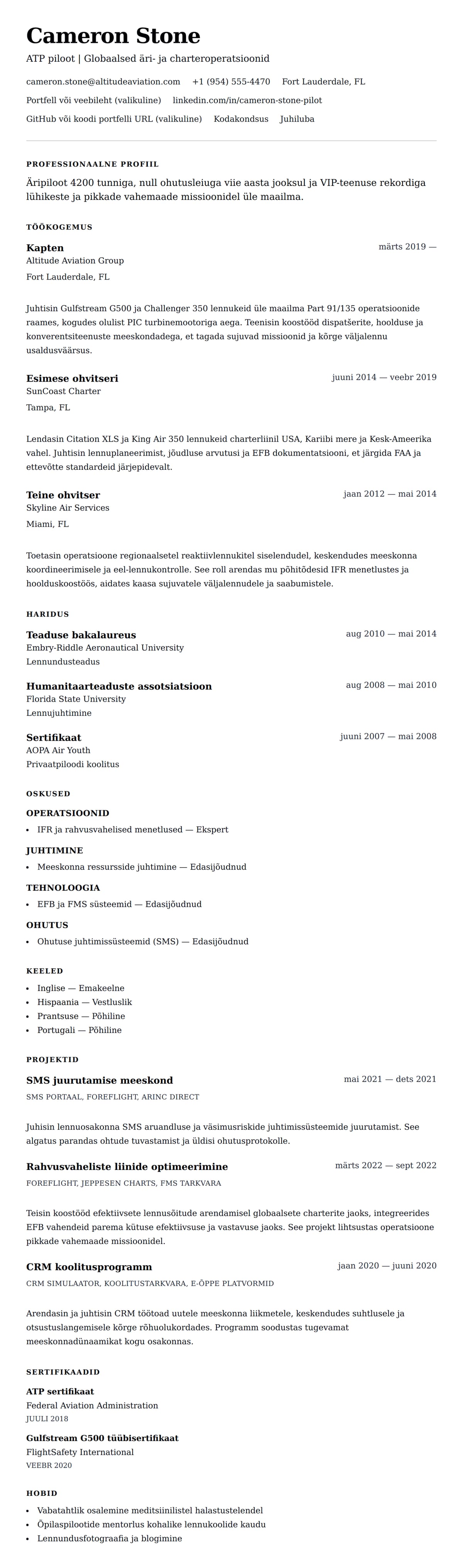 CV eelvaade Piloodi CV näidis jaoks