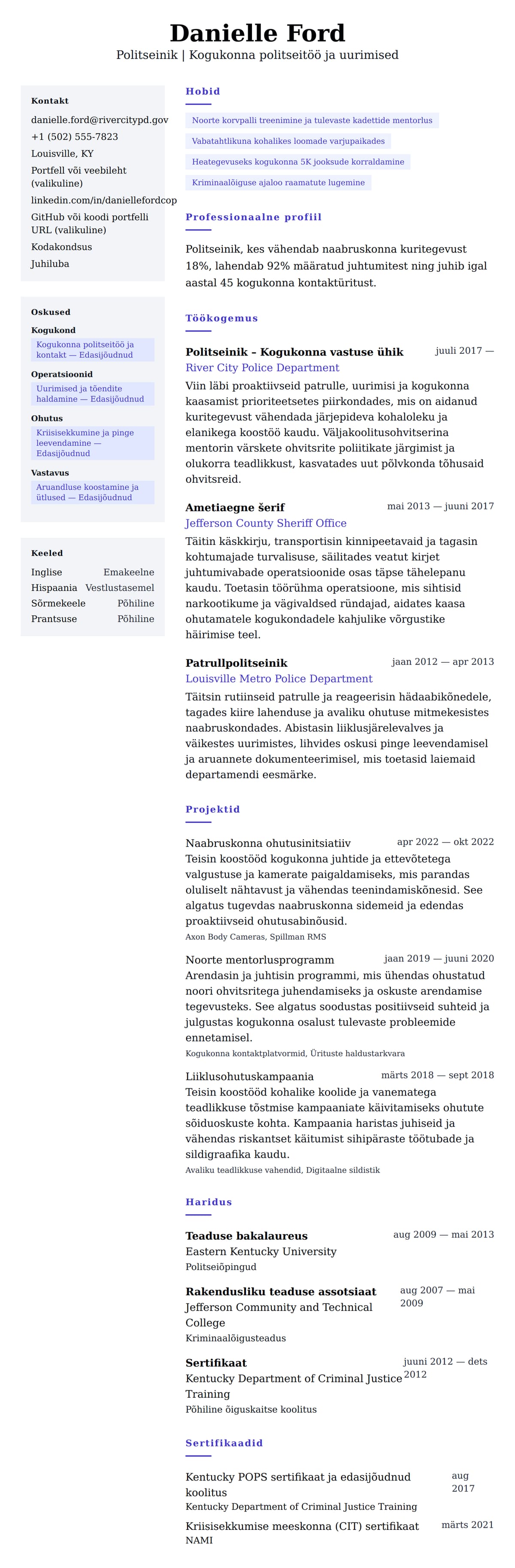 CV eelvaade Politseiniku CV näidis jaoks
