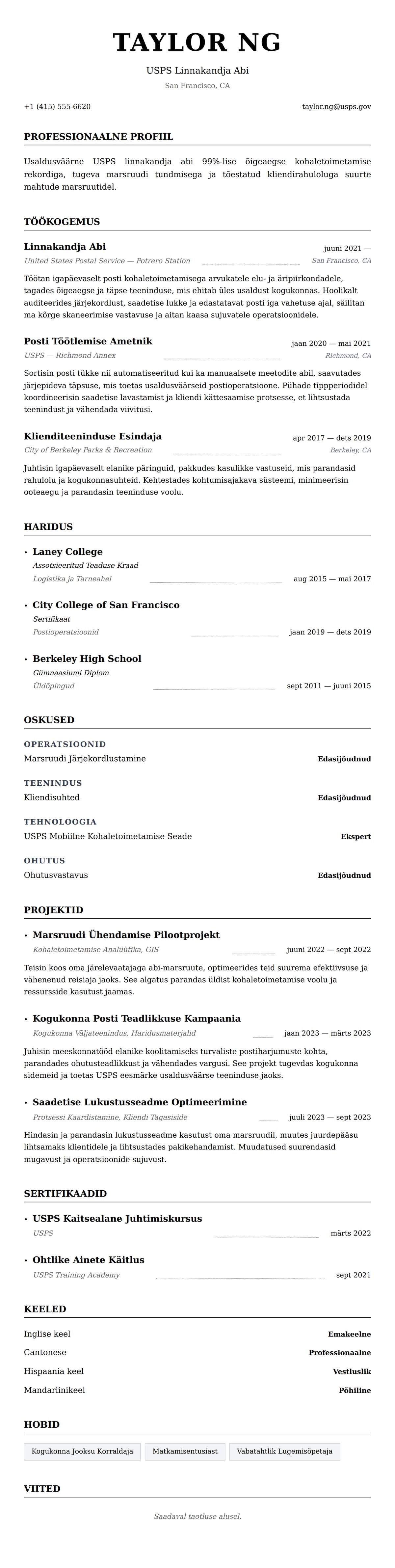 CV eelvaade Postitöötaja CV Näidis jaoks