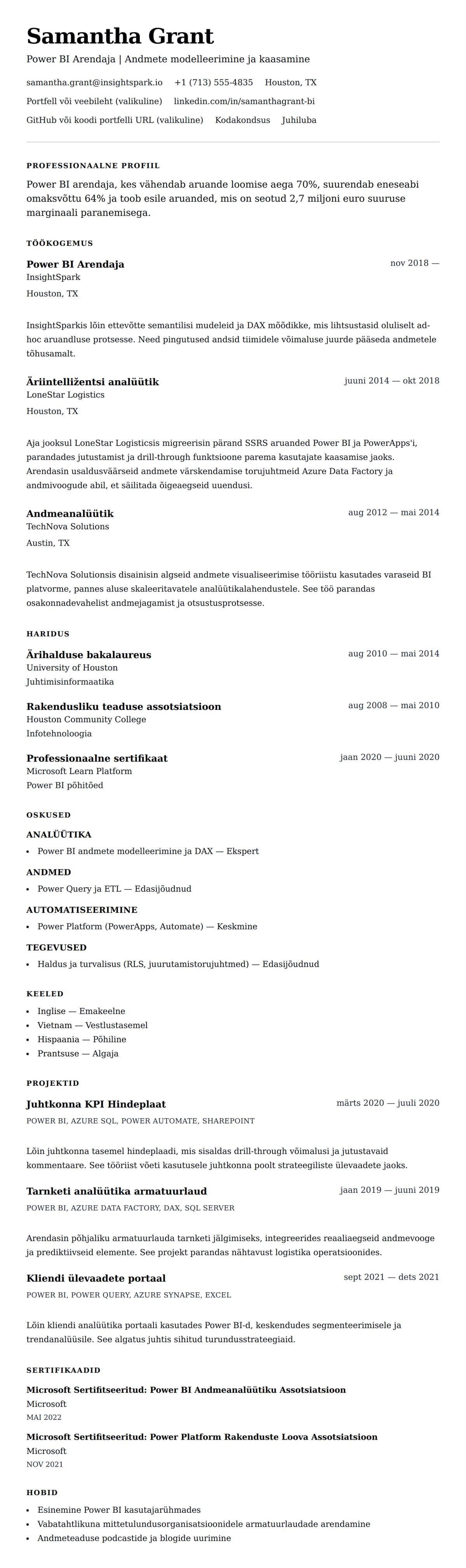 CV eelvaade Power BI Arendaja CV Näide jaoks