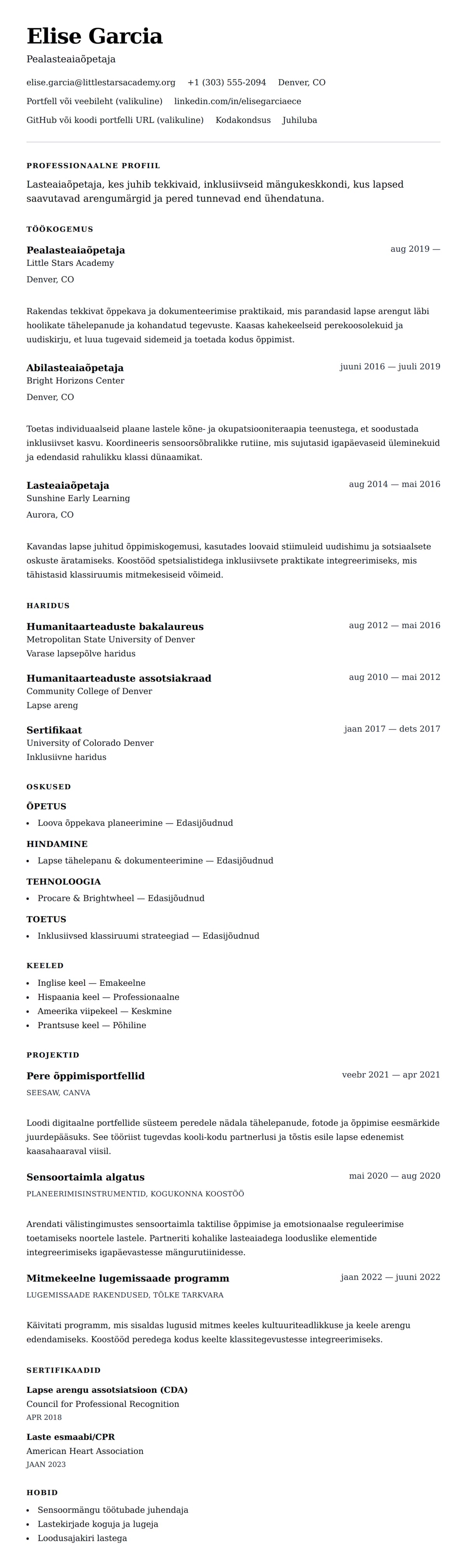 CV eelvaade Lasteaiaõpetaja CV näidis jaoks