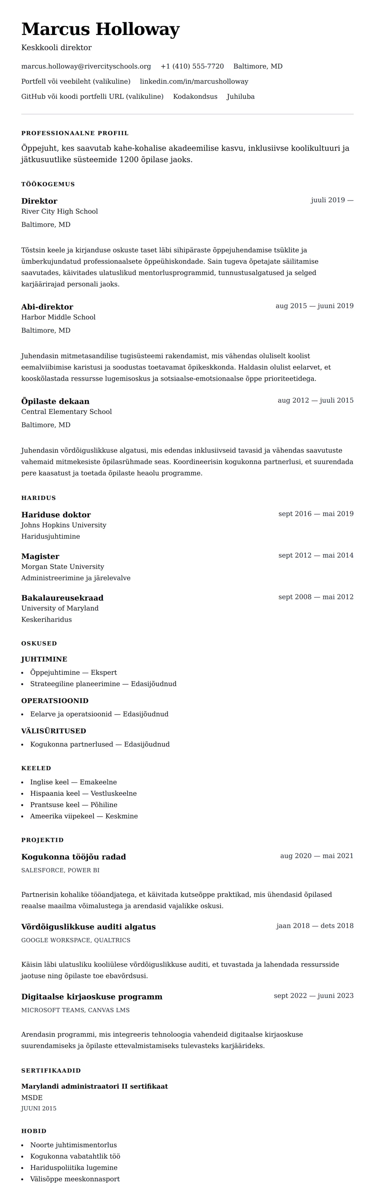 CV eelvaade Direktori CV näide jaoks