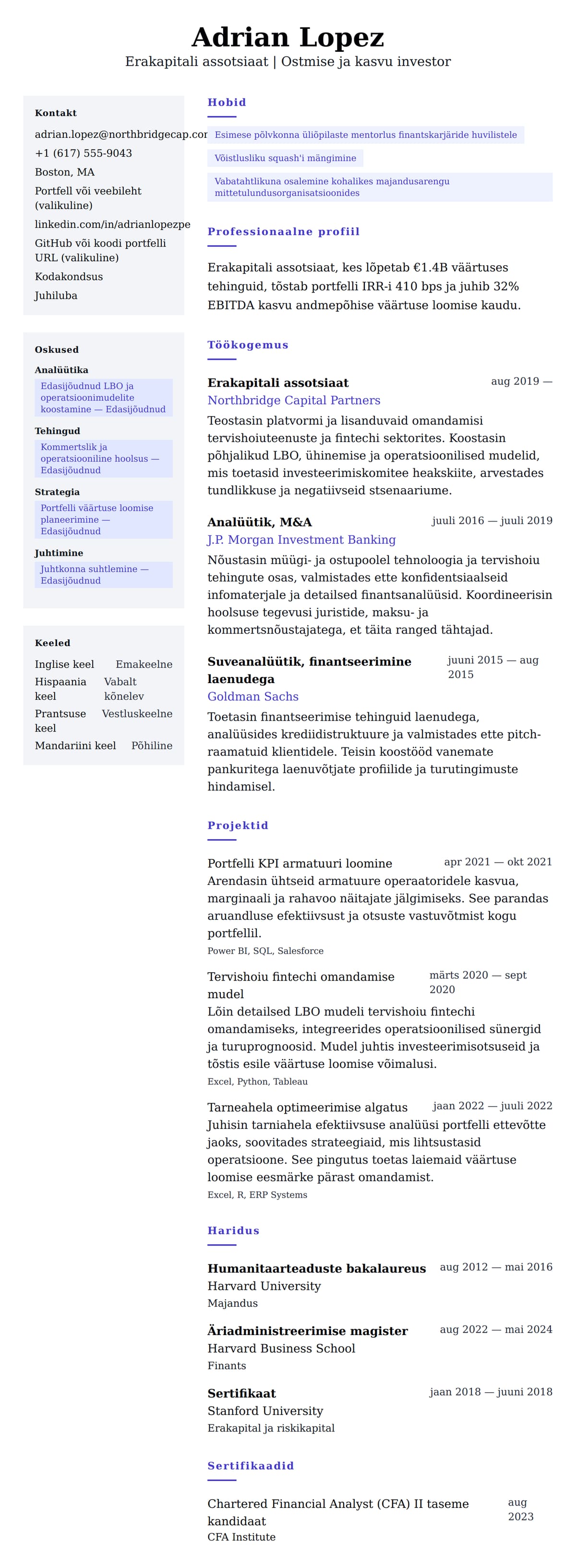 CV eelvaade Erakapitali assotsiaadi CV näidis jaoks
