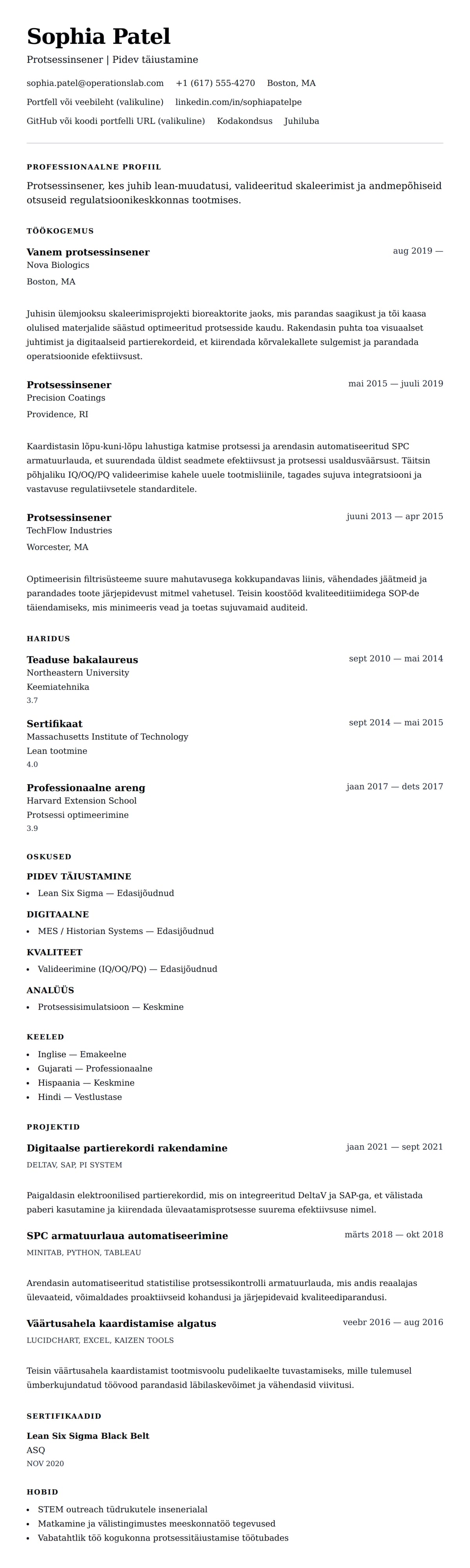 CV eelvaade Protsessinseneri CV näide jaoks