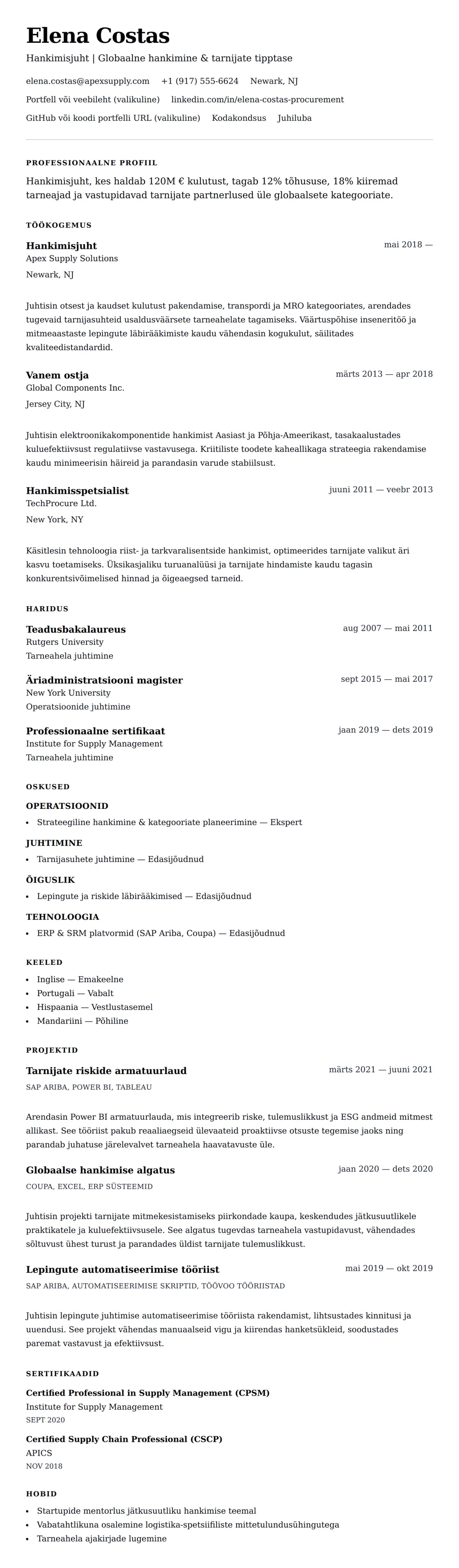CV eelvaade Hankimisjuhti näidiselulood jaoks