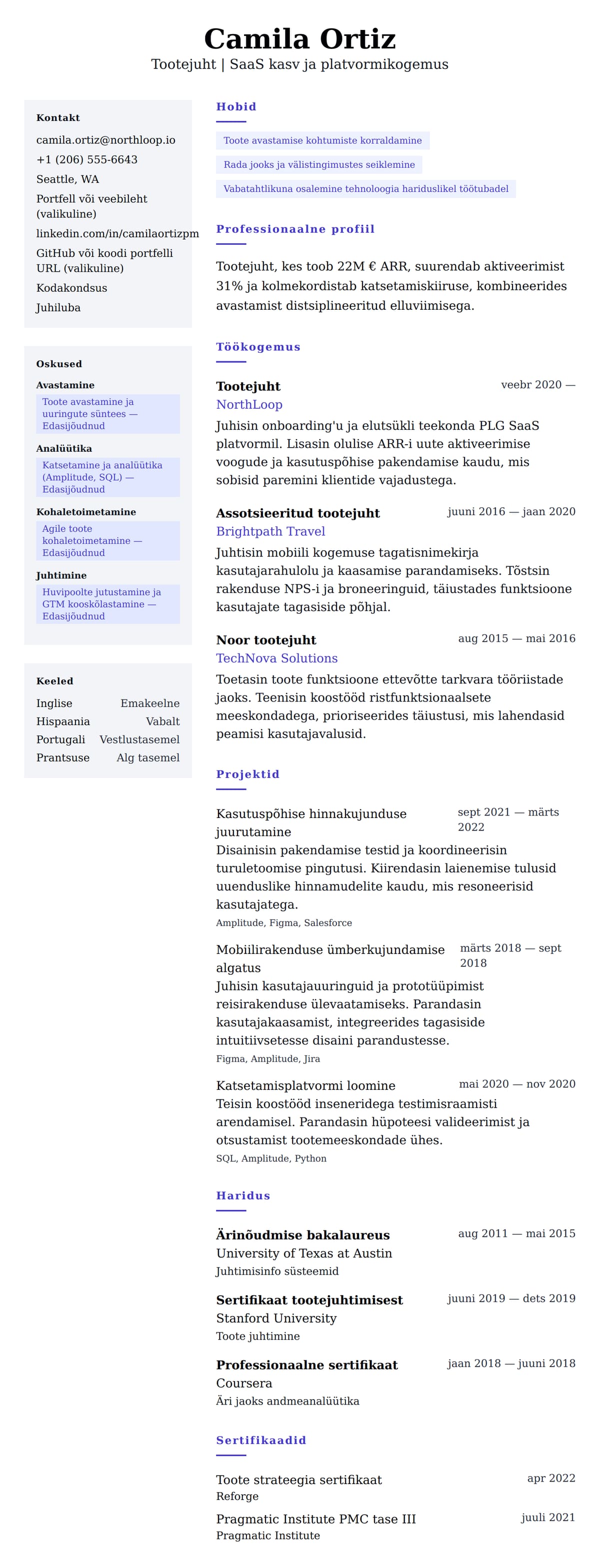 CV eelvaade Tootejuhi CV näidis jaoks