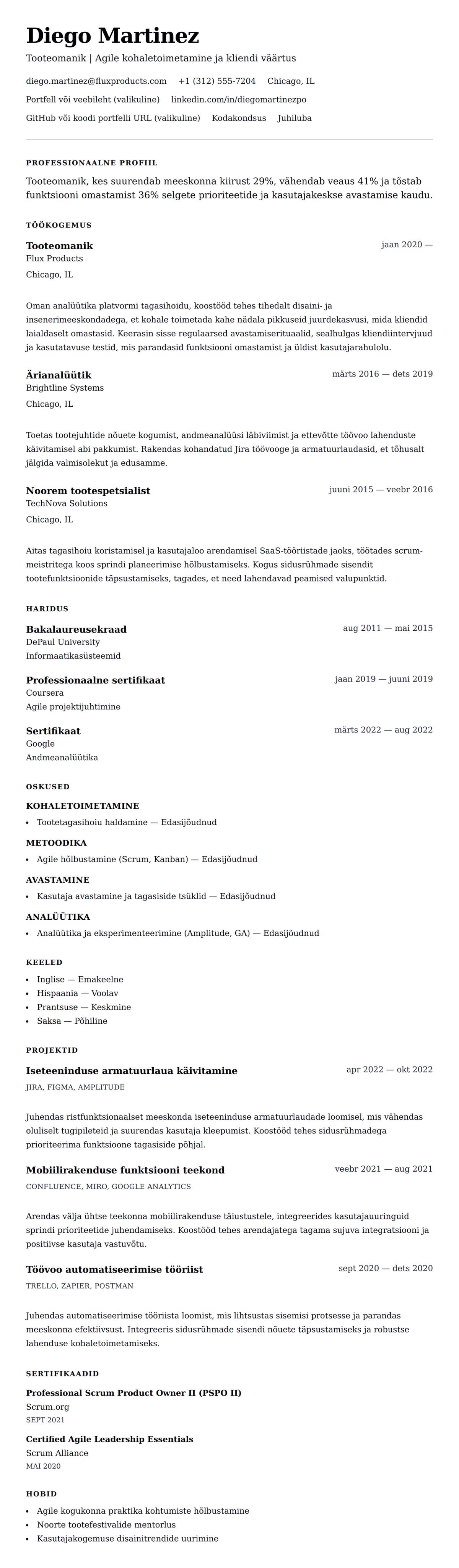 CV eelvaade Tooteomaniku CV näide jaoks