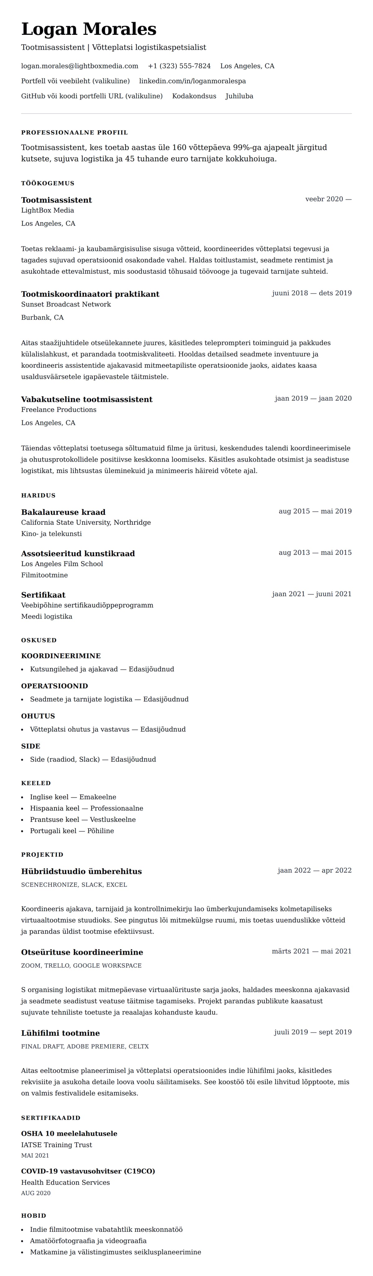 CV eelvaade Tootmisassistendi CV näide jaoks