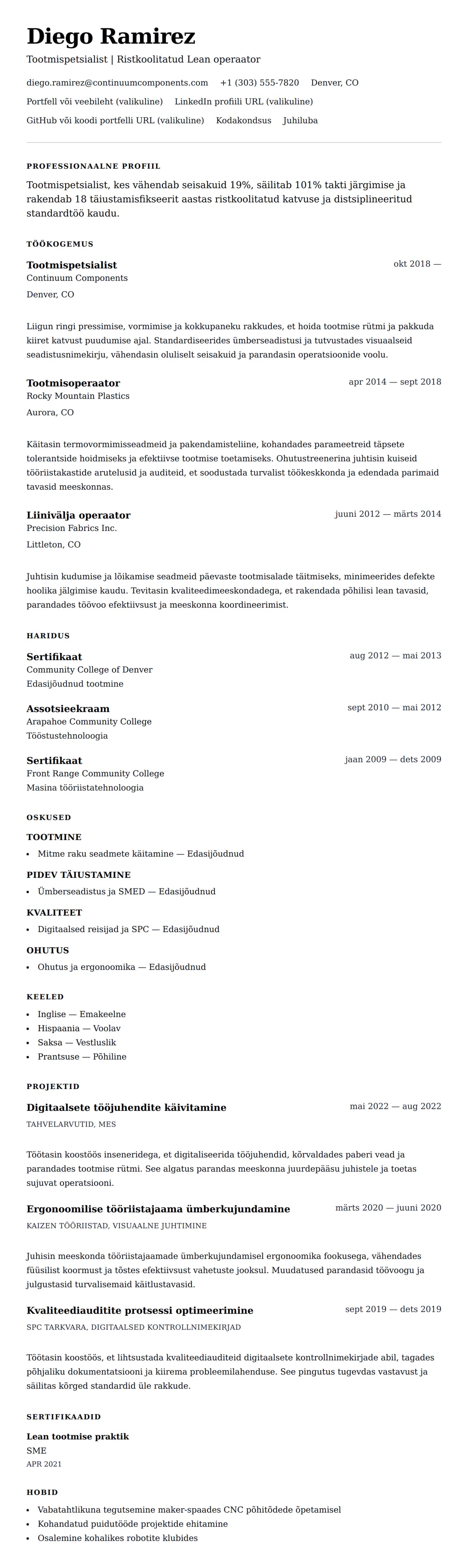 CV eelvaade Tootmispetsialisti CV näide jaoks