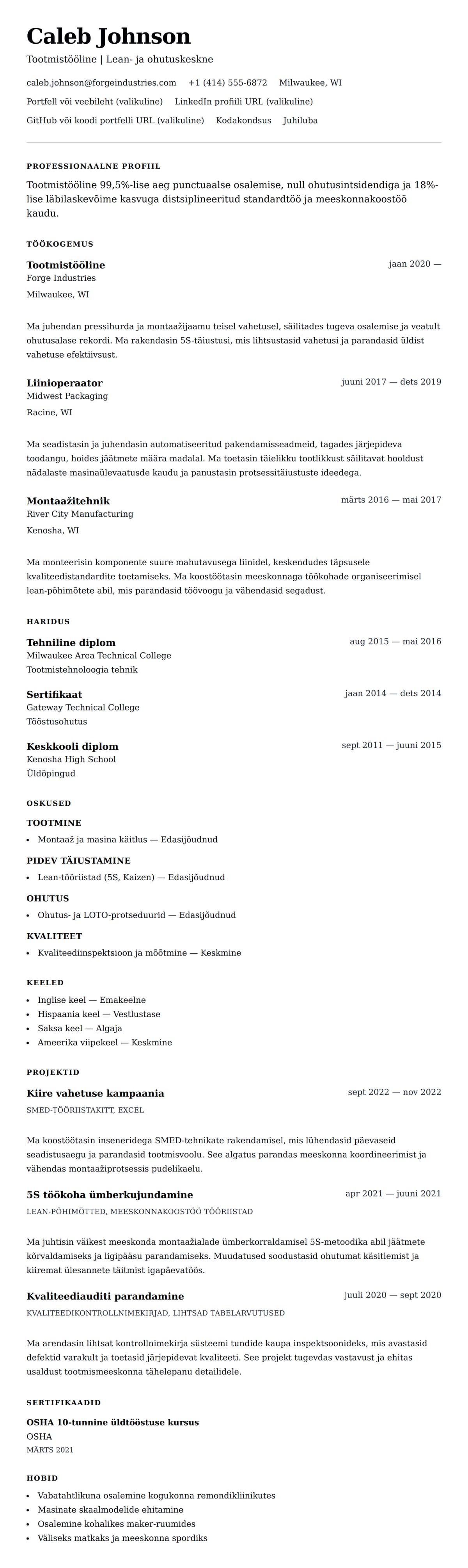 CV eelvaade Tootmistöölise CV näide jaoks