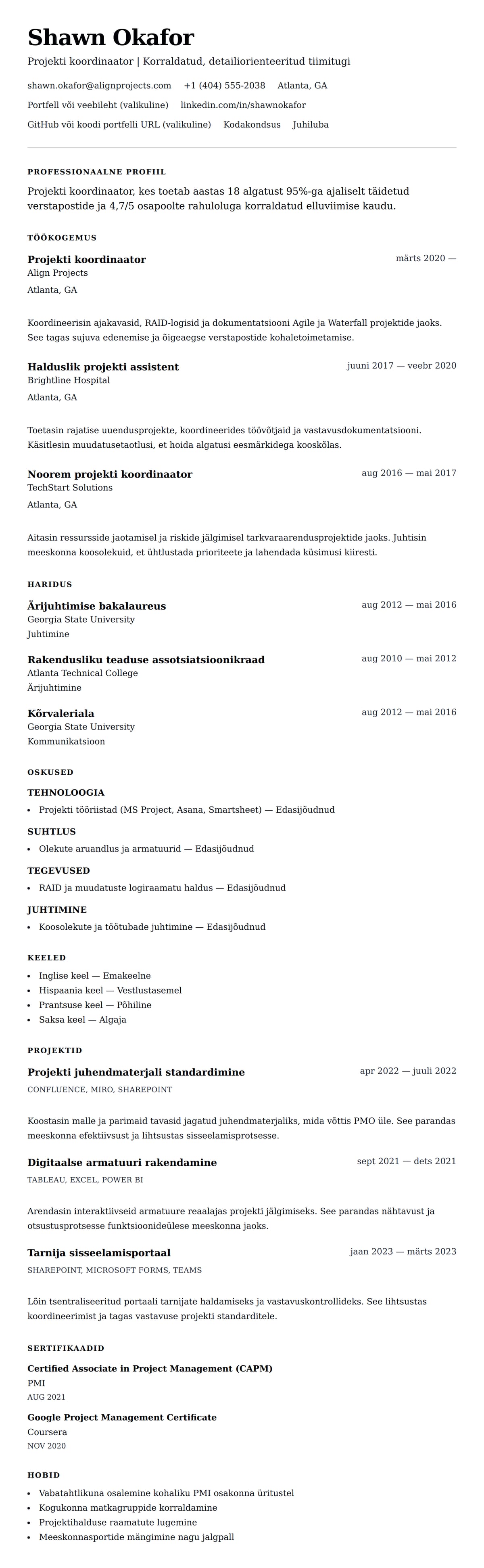 CV eelvaade Projekti koordinaatori CV näide jaoks